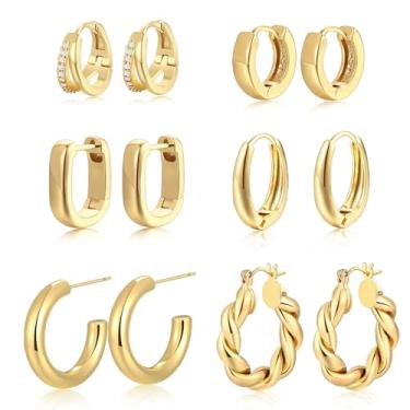 Imagem de Conjunto de 9 pares de brincos pequenos de argola de ouro/prata para mulheres, brincos pequenos banhados a ouro 14 K, hipoalergênico, grosso, aberto, leve, grosso, para presentes, Medium, Latão, Sem