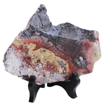 Imagem de Rockcloud Laje de ágata mexicana natural com suporte de madeira, amostra de fatia de ágata irregular para exibição de mesa de escritório em casa, 1 a 0,2 kg