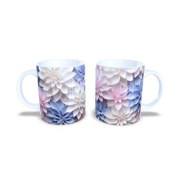 Imagem de Caneca de Cerâmica 325ml com Design de Flores 3D Coloridas, Estampa Floral Rosa, Azul e Amarelo (14138)