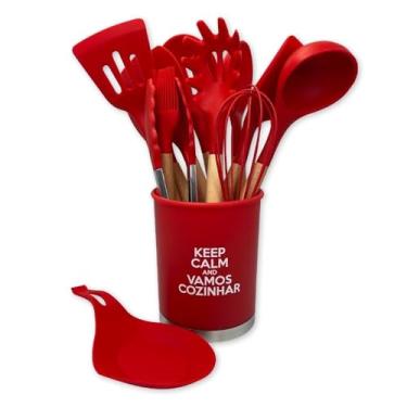 Imagem de Kit Utensílios de Cozinha Silicone, 13 Peças, Preto, Cabo em Madeira MDF, Aço Inox, Livre de BPA, Suporta até 230°C, com Suporte Porta Kit