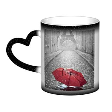 Imagem de Torre Eiffel Paris Rua Guarda-chuva Vermelho Divertido Xícara de Café, Copo de Cerâmica Mágica Sensível ao Calor Mudança de Cor 12 Oz, Para Café/Chá/Leite/Cacau, Para Adolescentes/Aniversário/Festival