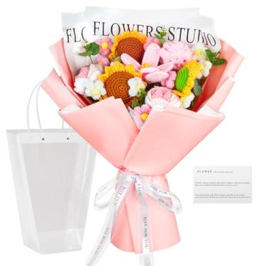 Imagem de Inawenxlg Buquê de flores de crochê – Presente de crochê feito à mão para esposa, mulheres, formatura, casamento ou aniversário, com girassóis, tulipas rosa e rosas