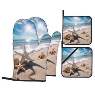 Imagem de Conjunto de luvas de cozinha estampadas de praia com suportes de tampa, luvas de forno resistentes ao calor para manusear panelas quentes, grelhar, churrascos, kit de 4 peças.
