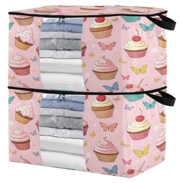 Imagem de Burbuja Bolsa de armazenamento de roupas cupcakes com tampas e alça, embalagem com 2 recipientes de armazenamento dobráveis com zíper resistente e janela transparente para armário de quarto, 60L
