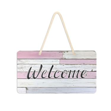 Imagem de Burbuja Placa de boas-vindas de madeira rosa branca para porta da frente, placa de boas-vindas de PVC para decoração de férias, 15 x 28 cm