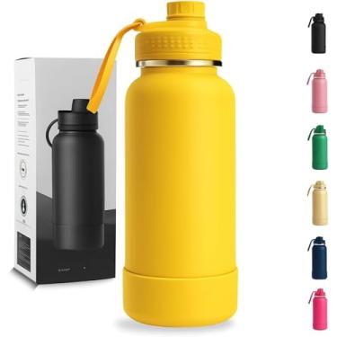 Imagem de Garrafa Térmica 1000ML - Duplamente Isolada, Aço Inox 304, Base Emborrachada Anti Derrapante, Mantém Bebidas Quentes por 12 Horas e Geladas por 24 Horas (Amarelo Wide)