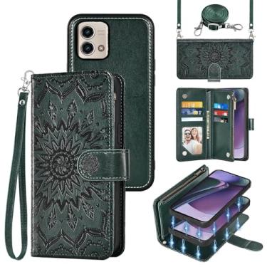 Imagem de Capa de celular para Motorola Moto G Stylus 5G 2023 com zíper carteira magnética destacável com protetor de tela alça transversal alça flip porta-cartões GStylus G5 XT2317DL XT2315-5 verde escuro