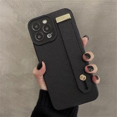 Imagem de Capa de couro com suporte para pulseira de pulso para iPhone 16 15 11 12 13 14 Pro Max XS X XR 8 7 Plus Capa de silicone macio, preta, para iPhone 13