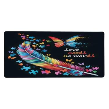 Imagem de Tapete de mouse com autismo colorido de penas grandes à prova d'água para computador protetor de mesa com base de borracha antiderrapante para escritório, computador, teclado, laptop e mesa de casa