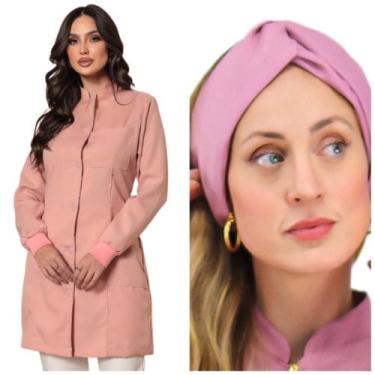 Imagem de Jaleco Feminino Oxford Gola Padre Botão Nude + Turbante Capri - Garden