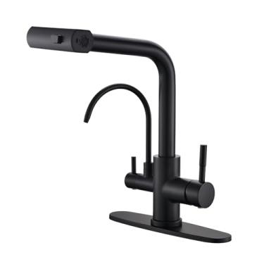 Imagem de Fapully Torneiras de cozinha de puxar para baixo, preto fosco 3 vias torneira de pia de cozinha com pulverizador de puxar para baixo e torneira de água potável, inclui placa de deck para 1 ou 3 furos
