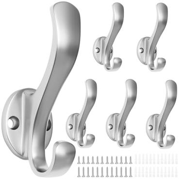 Imagem de Ruiziiz Ganchos de casaco resistentes - Ganchos de toalha de metal fáceis de instalar, ganchos de parede modernos para pendurar chapéu, toalha, chave, roupão, cachecol, bolsa, boné (6 peças prata)