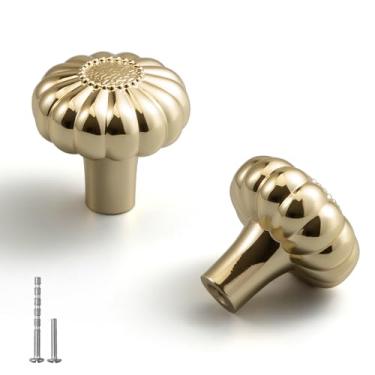 Imagem de YAGU Pacote com 6 maçanetas de armário de cozinha de latão polido girassol 3,5 cm puxador de gaveta de cômoda redondo dourado brilhante ferragens para móveis puxadores de latão brilhante para armário