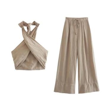 Imagem de Conjunto De Top Cropped Sem Mangas Em Caqui E Calças De Cintura Alta C