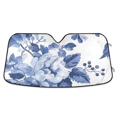 Imagem de Para-brisa de carro floral azul branco toldo engraçado personalizado dobrável caminhão carro persianas para janelas dianteiras automotivo retrátil L, 144.8 cm x 80.0 cm