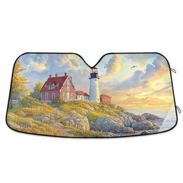 Imagem de Farol personalizado sombra de sol costeira pôr do sol para para-brisa de carro caminhão dobrável bonito protetor de para-brisa automotivo M, 139,7 cm x 70,1 cm