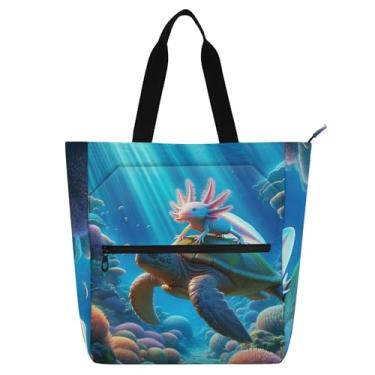 Imagem de GAIGEO Bolsa de trabalho feminina axolote tartaruga marinha de lona escolar bolsa de livro para professores presente para amantes de livros