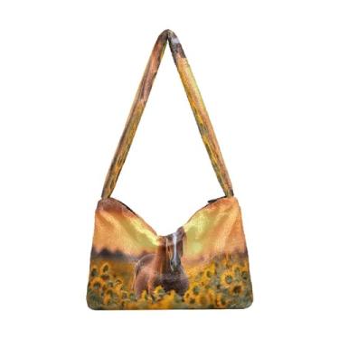 Imagem de Bolsa de ombro feminina preta com flores laranja e rosa, bolsa de mão com zíper, bolsas de outono, Cavalo nascer do sol no campo de girassóis - 3, One Size