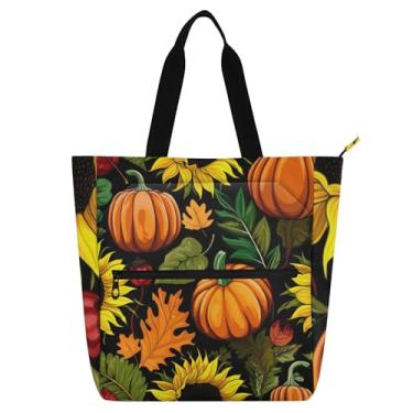 Imagem de GAIGEO Sacola feminina outono abóboras girassóis para trabalho em lona escolar bolsa de mão média com compartimentos