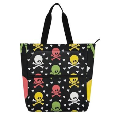 Imagem de GAIGEO Bolsa de trabalho feminina colorida caveiras pretas bolsa de trabalho de lona escolar bolsa de livro fofa presente infantil para amantes de livros