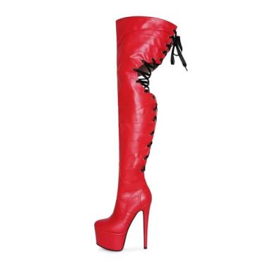 Imagem de Frankie Hsu Botas longas com plataforma stiletto sexy feitas à mão, acima do joelho, fita vermelha preta com cadarço nas costas na coxa, grande, tamanho 34-50, para mulheres e homens, Vermelho, 39