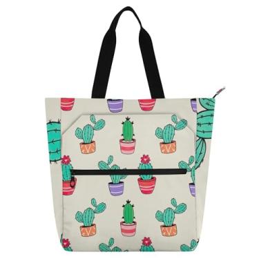 Imagem de GAIGEO Bolsas de trabalho femininas com cactos tropicais coloridas, lona, praia, livro, com zíper, bolsas para professores, amantes de livros