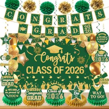 Imagem de GOLDCROW Decorações De Formatura Em Ouro Verde, Turma 2025, Parabéns, Faixa E Pano Fundo Para Centro Mesa Festa Serpentinas Penduradas, Pompons Papel Conjunto Flores