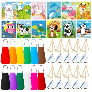 Imagem de Ireer Conjunto de 84 peças de pintura infantil para festas inclui 12 telas pré-desenhadas de animais, 12 pincéis, 12 paletas, 12 conjuntos de tintas acrílicas, 12 aventais, kit de pintura em tela para