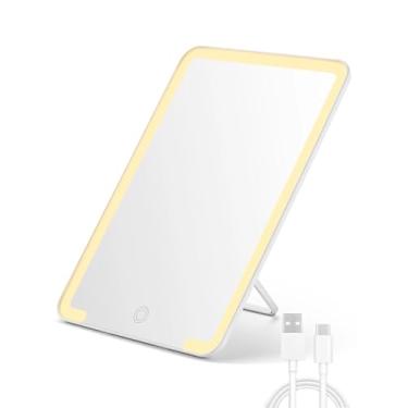 Imagem de OMIRO Espelho de maquiagem para viagem com luz, espelho de mesa iluminado de 25,4 x 18 cm com suporte ajustável e 3 modos de iluminação para barbear e viajar, branco