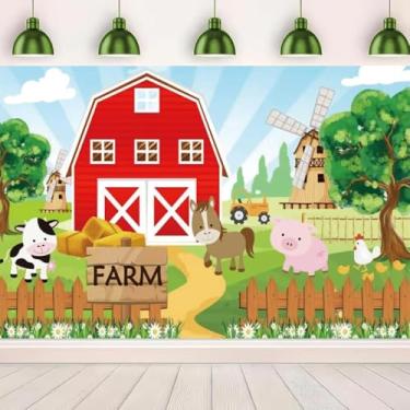 Imagem de YongFoto 2,1 x 1,5 m, cenário de fazenda, animal, desenho animado, celeiro vermelho, pastagem, celeiro, cavalo, vaca, galinha, porco, flores, fundo fotográfico para chá de bebê, festa de aniversário