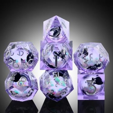 Imagem de DNDND Purple Transparent DND Dice Set 7-Piece - Glitter Liquid Core with Cat Stickers, Dragon Metal Box for D&D 5E Pathfinder MTG Cat Lovers (Purple)