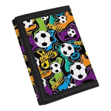 Imagem de Carteira infantil de três dobras com bolsos para moedas, carteira externa com gancho e laço para compras, Futebol