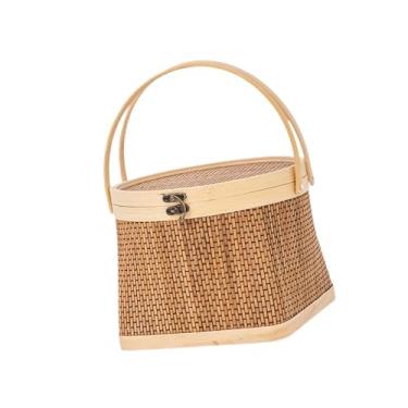 Imagem de predolo Cesta de bambu trançado, organizadora, multiuso, cesta de portátil para frutas, lanches, pão e ao ar livre, Redondo Quadrado