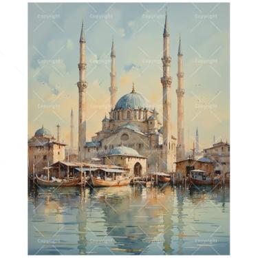 Imagem de Kit de pintura de paisagem urbana por números para adultos – Skyline de Istambul e pintura de barcos em tela 30 x 40 cm, conjunto de tinta acrílica emoldurada, adequado para iniciantes, arte de viagem