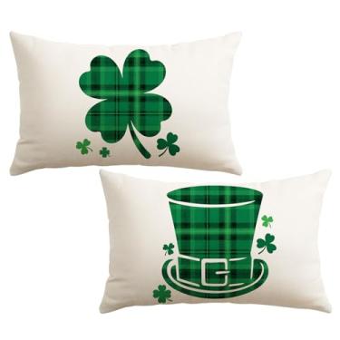 Imagem de Artscope Conjunto de 2 capas de almofada de chapéu verde trevo dia de São Patrício 30 x 50 cm, chapéu de trevo xadrez búfalo decoração de férias fronhas para sofá de casa