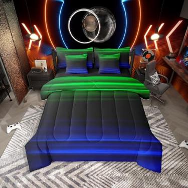 Imagem de Erosebridal Conjunto de cama de 7 peças, arte abstrata, solteiro, gradiente, listrado, geométrico, estampa 3D, azul, verde, preto