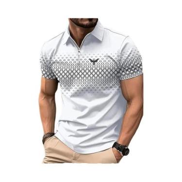 Imagem de Camisa Polo Masculina Xadrez Com Zíper, Casual, Manga Curta, Primavera