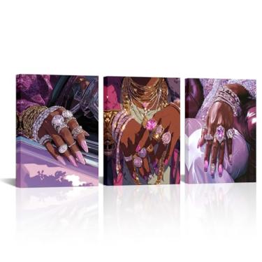 Imagem de VANSEEING Arte de parede de menina negra afro-americana impressão em tela moda luxo brilhante imagem rosa roxo decoração de parede para quarto feminino sala de estar salão arte 12 x 16 polegadas x 3