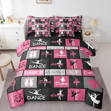 Imagem de Erosebridal Jogo de cama solteiro com tema de dança de balé, preto e rosa, 7 peças, estético, dançarino, com lençóis, sapatos de dança, cama kawaii, para mulheres, adolescentes e adultos