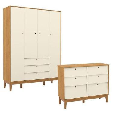 Imagem de Cômoda 6 Gavetas e Guarda Roupa Unique 4 Portas Freijó Off White Eco W