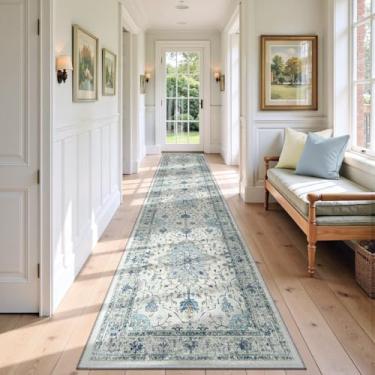 Imagem de RELEANY Tapetes de área de 6,5 x 2,5 m, lavável, antiderrapante, floral, vintage, estampa de angústia, tapete medalhão para sala de estar, quarto, sala de jantar, azul claro, azul-marinho, bege, cinza