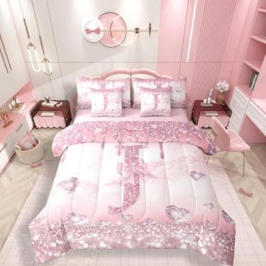 Imagem de Erosebridal Jogo de cama de casal com inicial J personalizado, 7 peças, com laço rosa, rosa, para crianças, adolescentes, meninas, com laço e nó