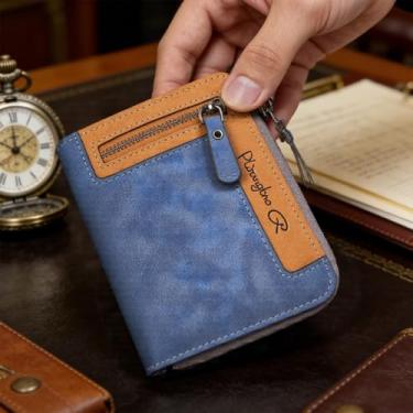 Imagem de Carteira masculina com zíper, carteira curta de couro com compartimento compacto para vários cartões, porta-cartões fino e dobrável para uso diário, Safira azul, 9.5X12.5CM, Tendência