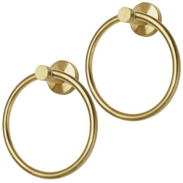 Imagem de PHITUODA Pacote com 2 anéis de toalha de ouro escovado, suporte de toalha de mão de aço inoxidável, cabide moderno redondo para banheiro montado na parede