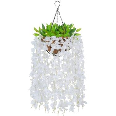 Imagem de Zythrem Cestos artificiais para pendurar glicínias brancas, vasos pendurados para plantas ao ar livre, flores de seda realistas para decoração externa de primavera, varanda, jardim, varanda