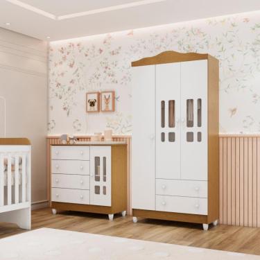 Imagem de Quarto de Bebê Cômoda Infantil com Fraldário Guarda Roupa 3 Portas Branco com Bétula Carolina Baby