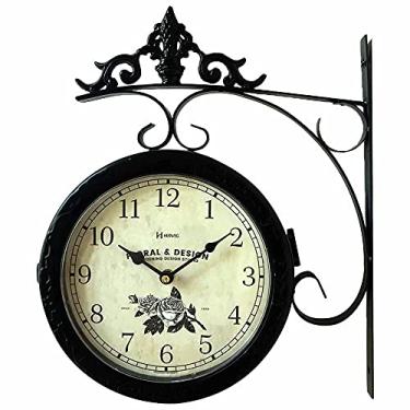 Imagem de Relogio de parede dupla face herweg estacao de trem ferroviario em metal vintage decoração preto lux