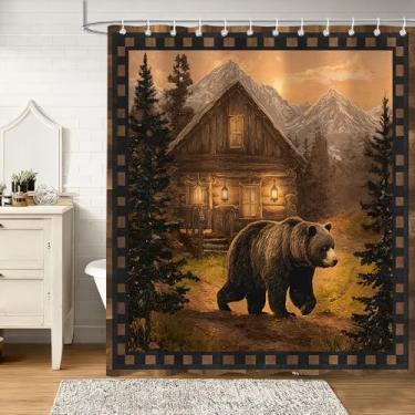 Imagem de Raelith Cortina de chuveiro rústica com urso, fazenda rural pousada rio lago vida selvagem floresta árvore paisagem natural decoração de banheiro, cortina de banho vintage acampamento de caça madeira