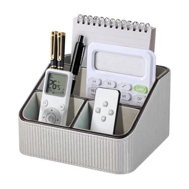Imagem de ACUDUDOMA Suporte organizador de controle remoto de couro PU, organizador de mesa pequeno com 4 compartimentos, suporte multifuncional de mesa e mesa de cabeceira para controles remotos, telefones