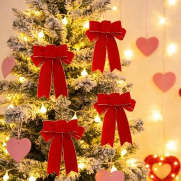 Imagem de 4 peças de arco grande de guirlanda de Natal, laço vermelho com bordas douradas para dia dos namorados, ideal para enfeite de árvore de Natal para decoração de casa